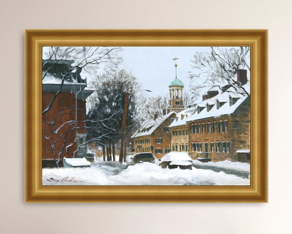 A canvas print depicting a snowy scene on Church Street with the Moravian Chapel and Church in the background.