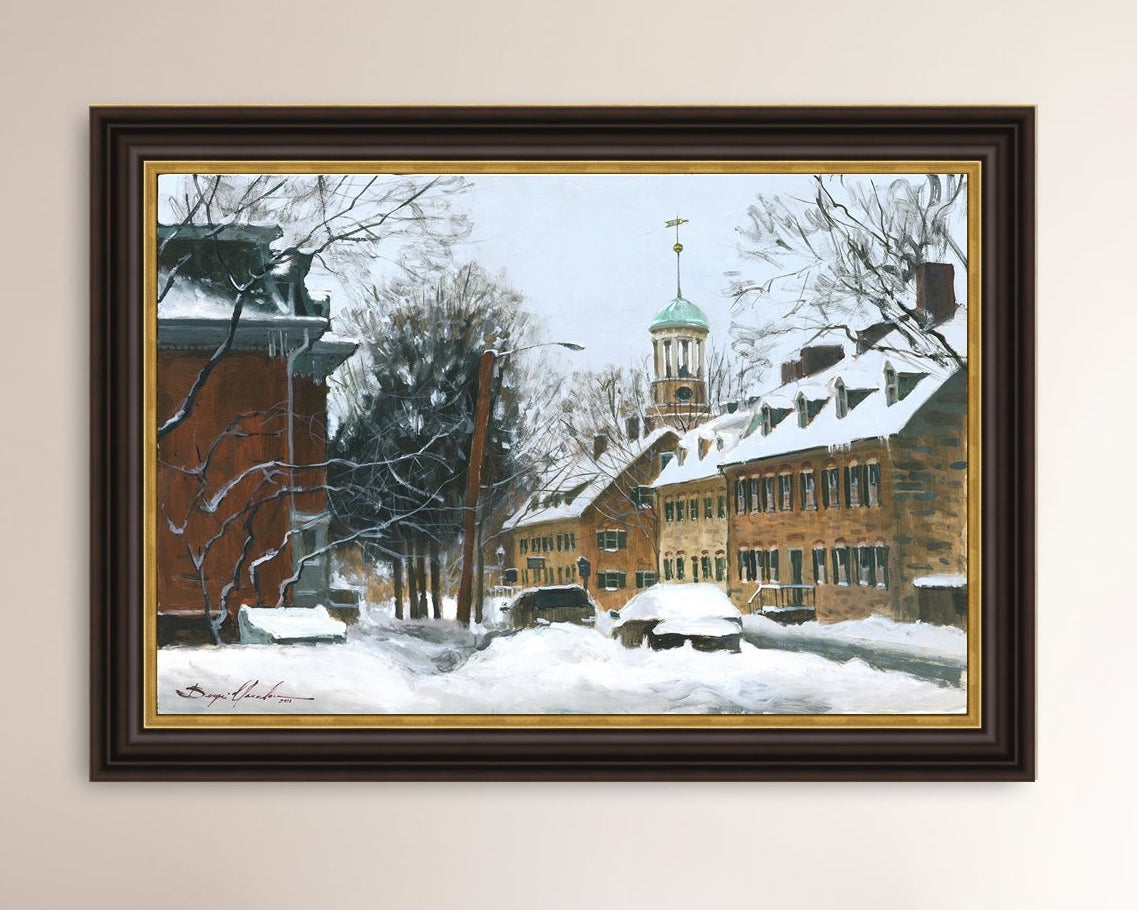 A canvas print depicting a snowy scene on Church Street with the Moravian Chapel and Church in the background.