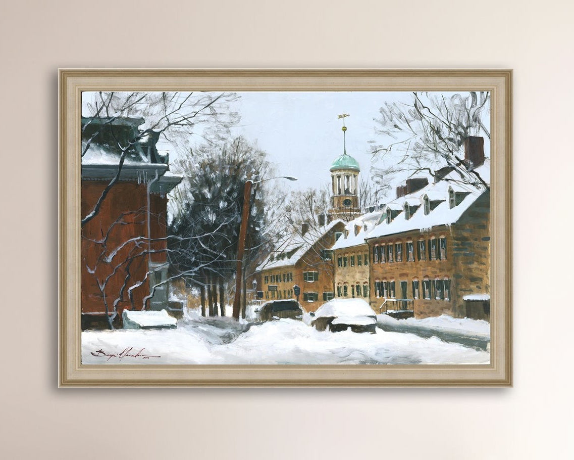 A canvas print depicting a snowy scene on Church Street with the Moravian Chapel and Church in the background.