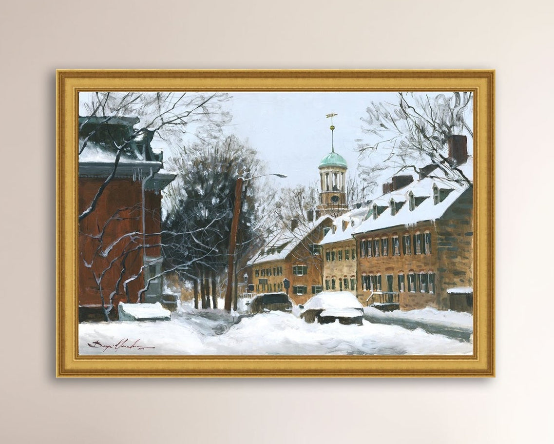 A canvas print depicting a snowy scene on Church Street with the Moravian Chapel and Church in the background.