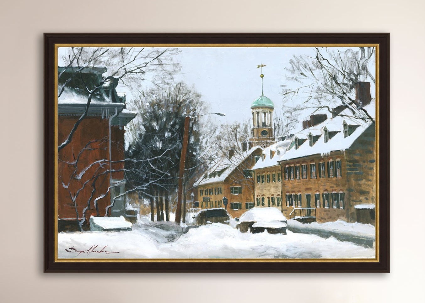 A canvas print depicting a snowy scene on Church Street with the Moravian Chapel and Church in the background.