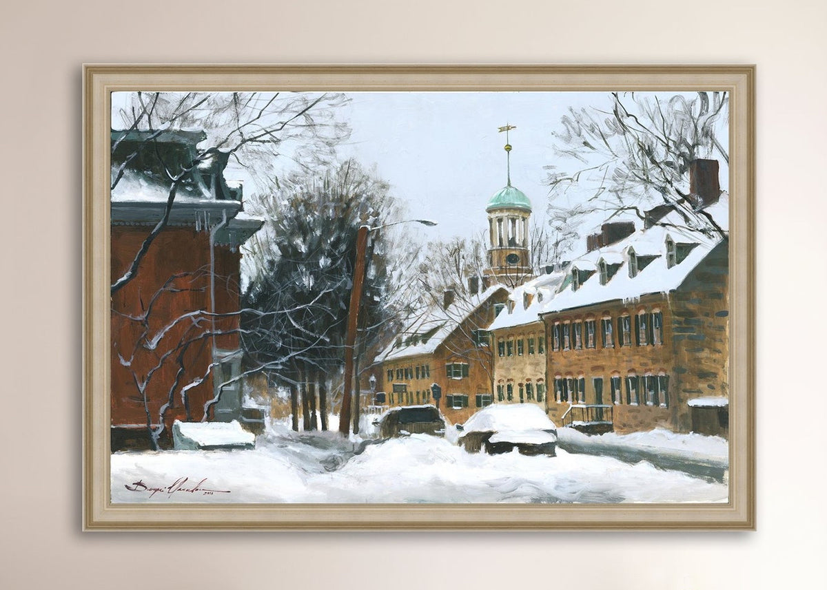A canvas print depicting a snowy scene on Church Street with the Moravian Chapel and Church in the background.
