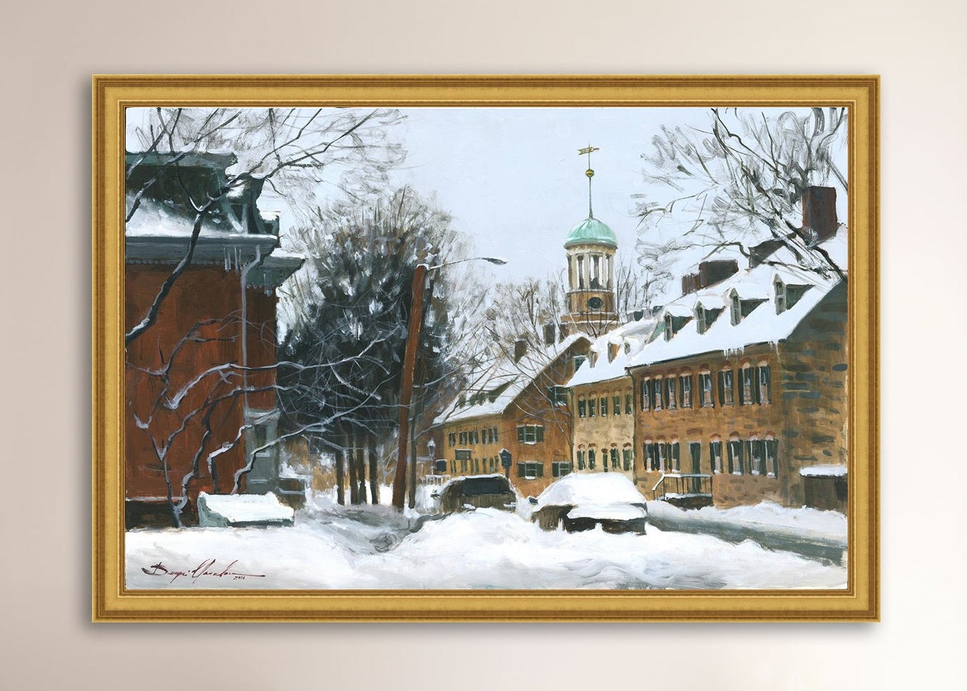 A canvas print depicting a snowy scene on Church Street with the Moravian Chapel and Church in the background.