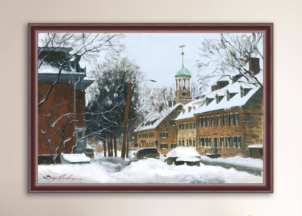A canvas print depicting a snowy scene on Church Street with the Moravian Chapel and Church in the background.