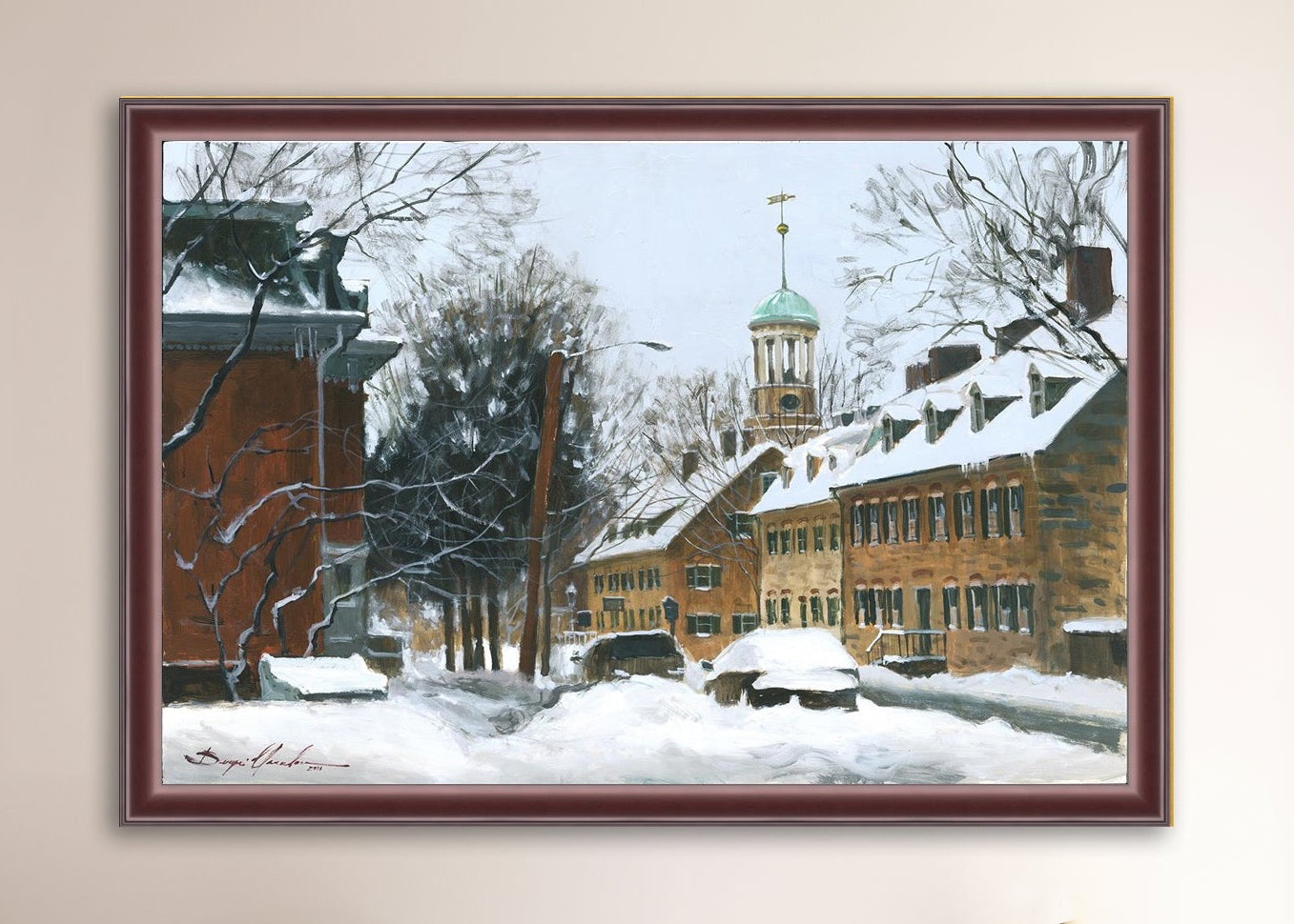 A canvas print depicting a snowy scene on Church Street with the Moravian Chapel and Church in the background.