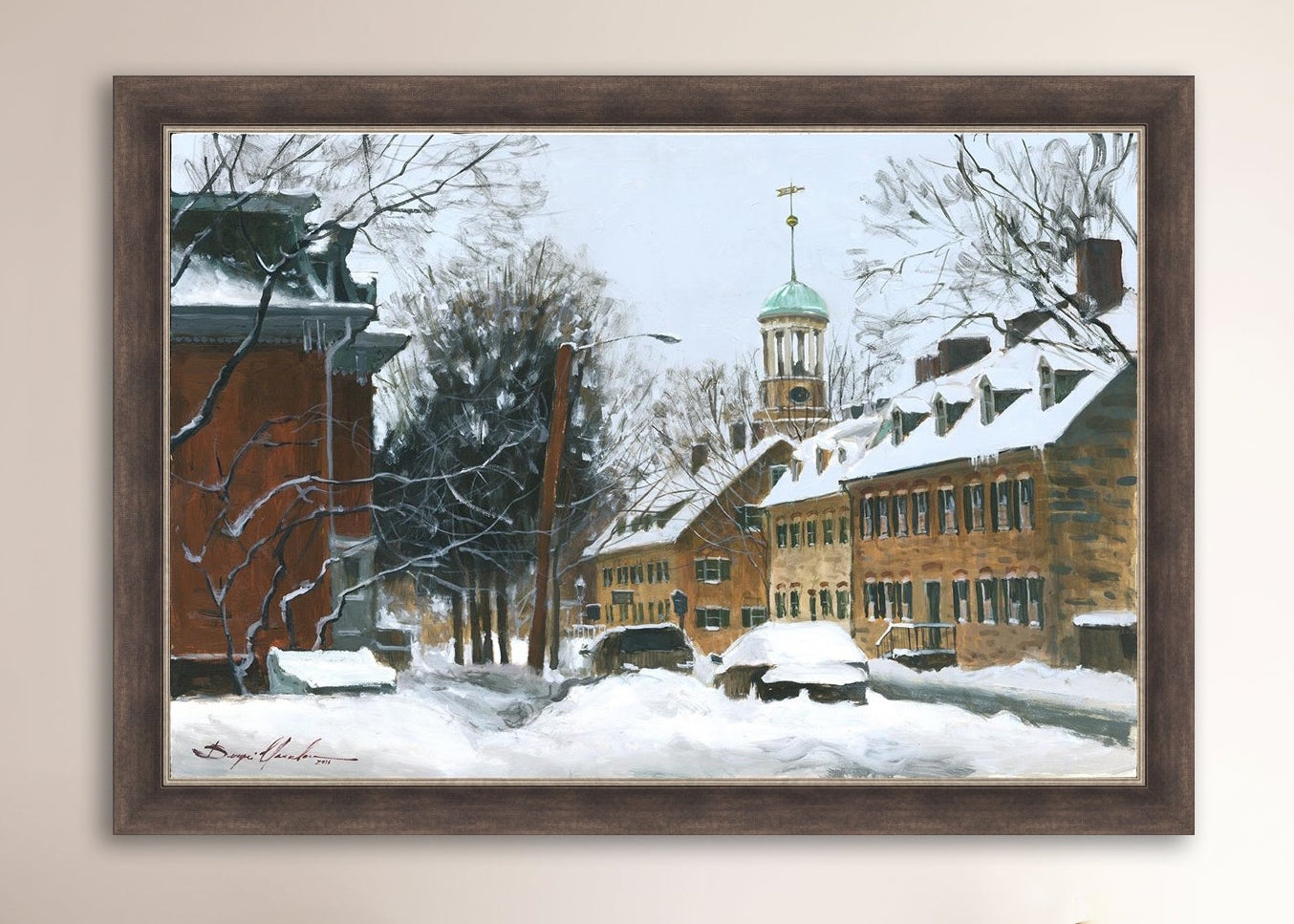 A canvas print depicting a snowy scene on Church Street with the Moravian Chapel and Church in the background.
