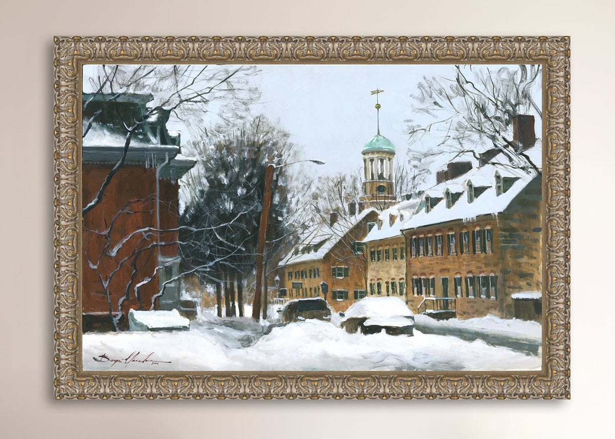 A canvas print depicting a snowy scene on Church Street with the Moravian Chapel and Church in the background.