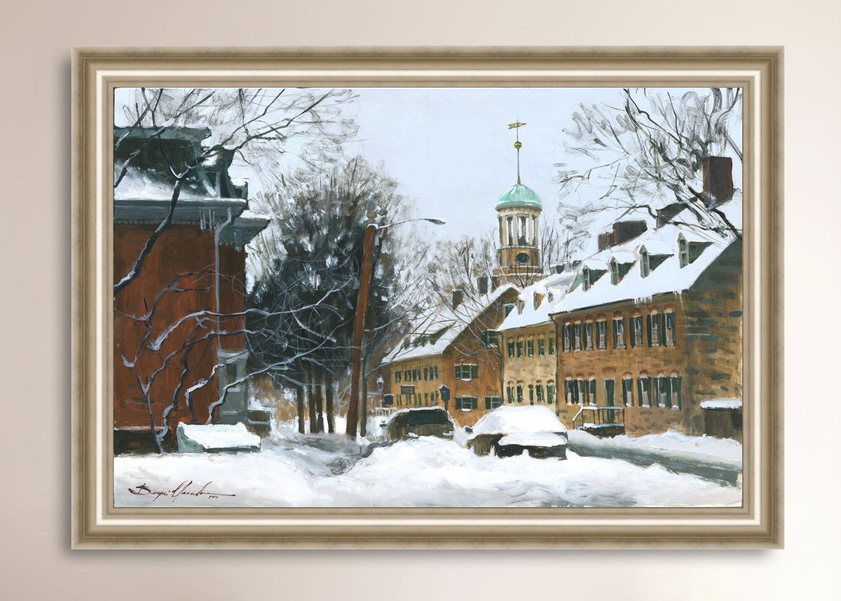 A canvas print depicting a snowy scene on Church Street with the Moravian Chapel and Church in the background.