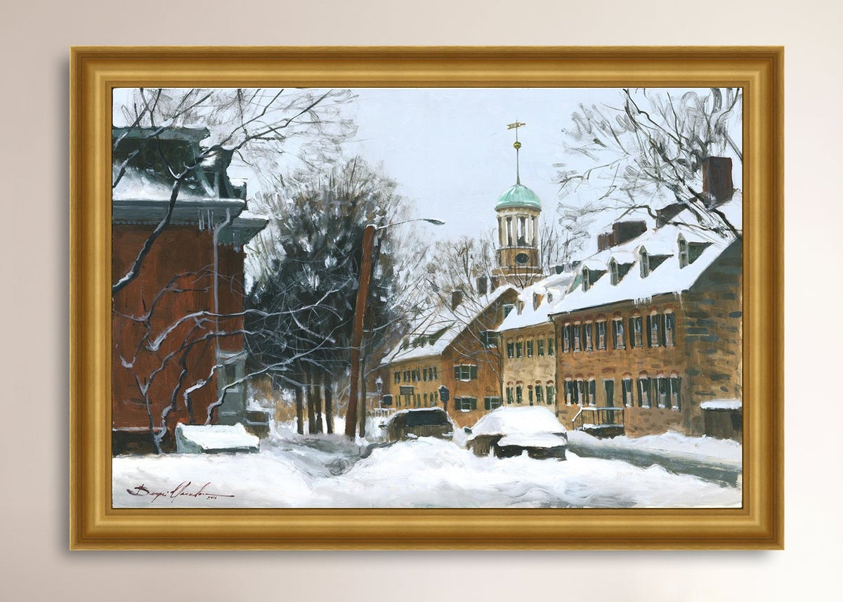 A canvas print depicting a snowy scene on Church Street with the Moravian Chapel and Church in the background.
