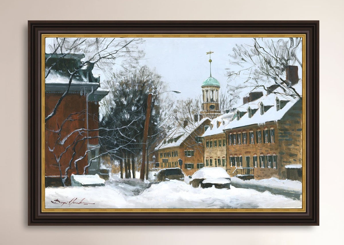 A canvas print depicting a snowy scene on Church Street with the Moravian Chapel and Church in the background.