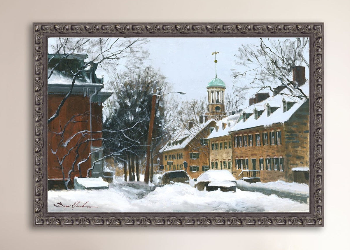 A canvas print depicting a snowy scene on Church Street with the Moravian Chapel and Church in the background.