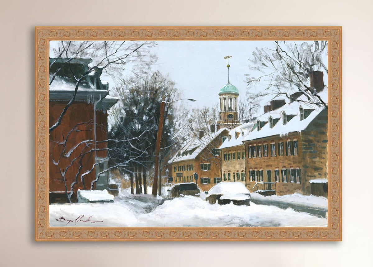 A canvas print depicting a snowy scene on Church Street with the Moravian Chapel and Church in the background.
