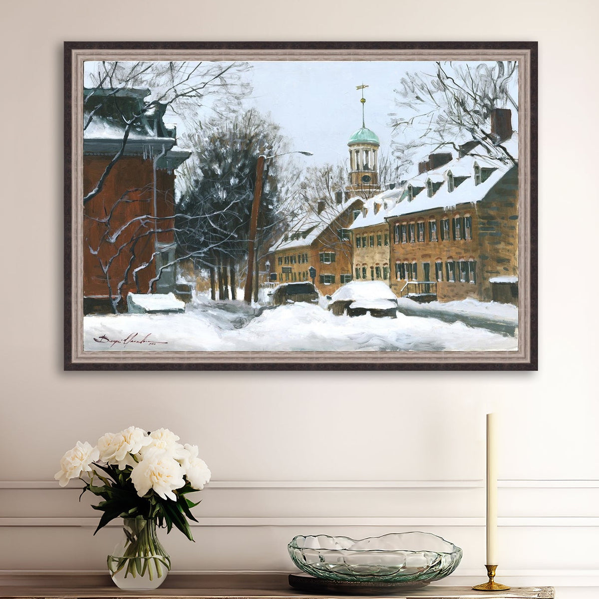 A canvas print depicting a snowy scene on Church Street with the Moravian Chapel and Church in the background.