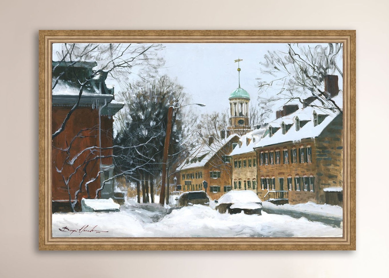 A canvas print depicting a snowy scene on Church Street with the Moravian Chapel and Church in the background.