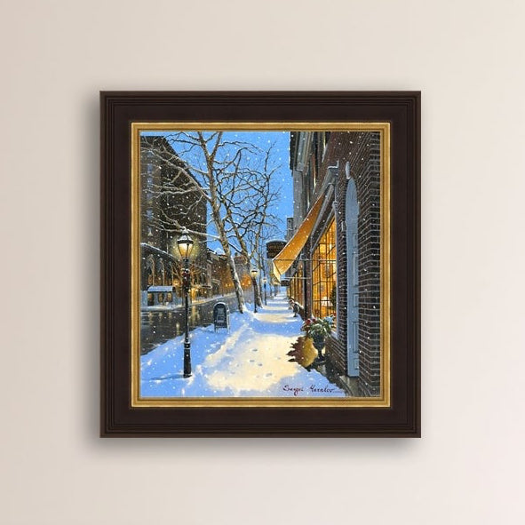 A canvas print of Moravian Bookshop, a snowy street scene in Bethlehem with footprints on the snow.