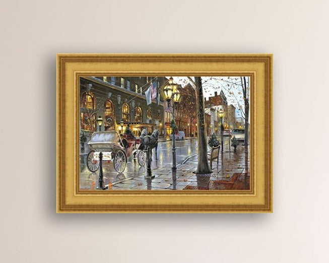 A canvas print depicting a Christmas scene with a horse-drawn carriage on a wet main street in Bethlehem with stores and Christmas lights in the background.