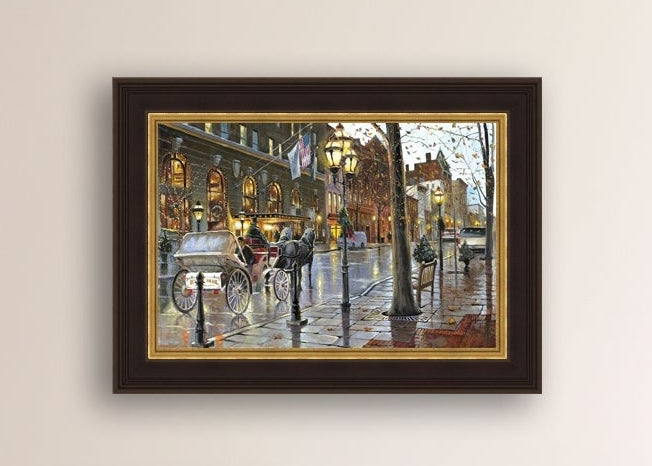A canvas print depicting a Christmas scene with a horse-drawn carriage on a wet main street in Bethlehem with stores and Christmas lights in the background.