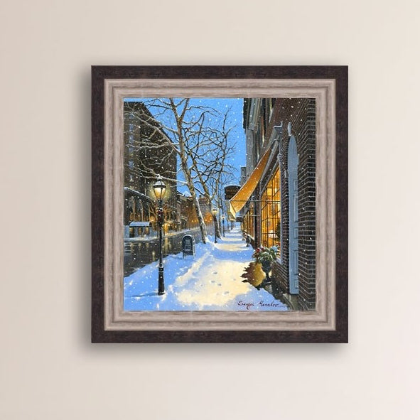 A canvas print of Moravian Bookshop, a snowy street scene in Bethlehem with footprints on the snow.