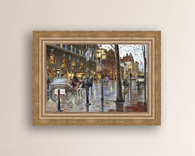 A canvas print depicting a Christmas scene with a horse-drawn carriage on a wet main street in Bethlehem with stores and Christmas lights in the background.