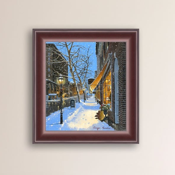 A canvas print of Moravian Bookshop, a snowy street scene in Bethlehem with footprints on the snow.