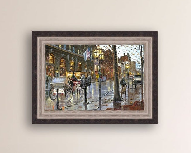 A canvas print depicting a Christmas scene with a horse-drawn carriage on a wet main street in Bethlehem with stores and Christmas lights in the background.