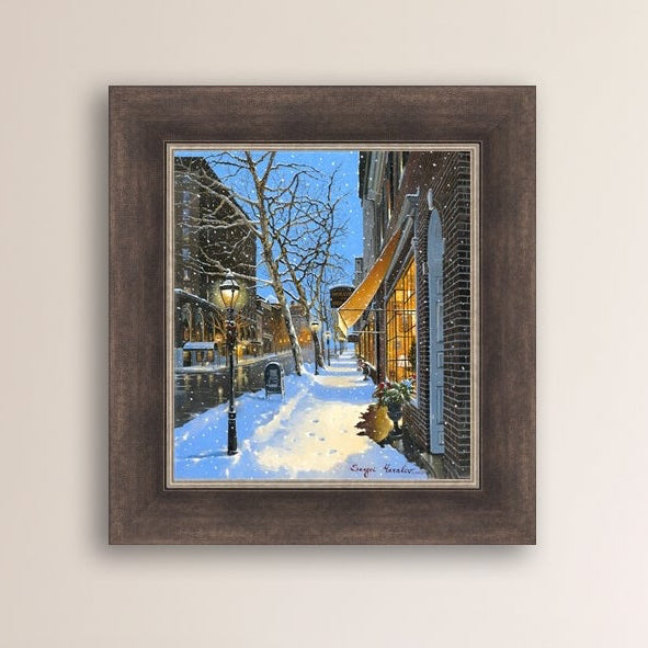 A canvas print of Moravian Bookshop, a snowy street scene in Bethlehem with footprints on the snow.