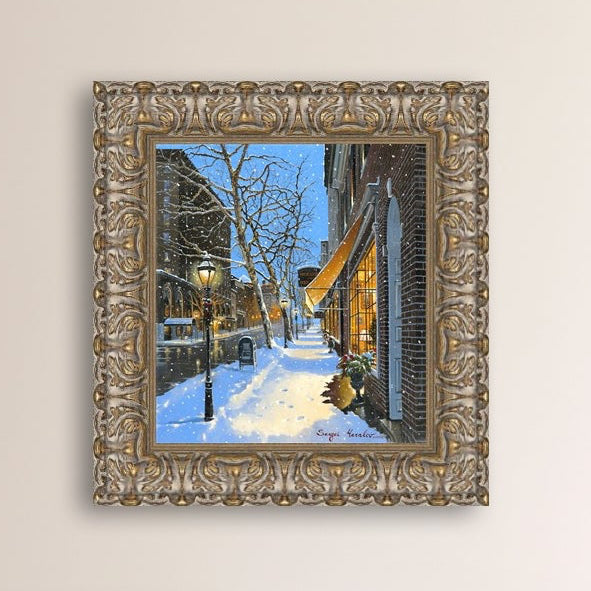 A canvas print of Moravian Bookshop, a snowy street scene in Bethlehem with footprints on the snow.