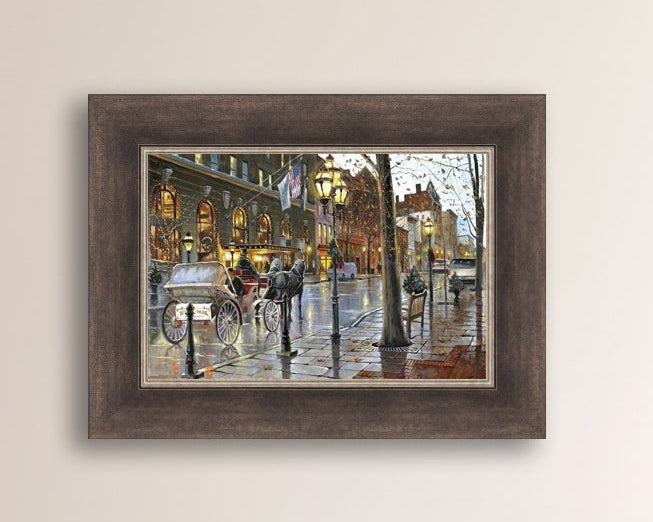 A canvas print depicting a Christmas scene with a horse-drawn carriage on a wet main street in Bethlehem with stores and Christmas lights in the background.