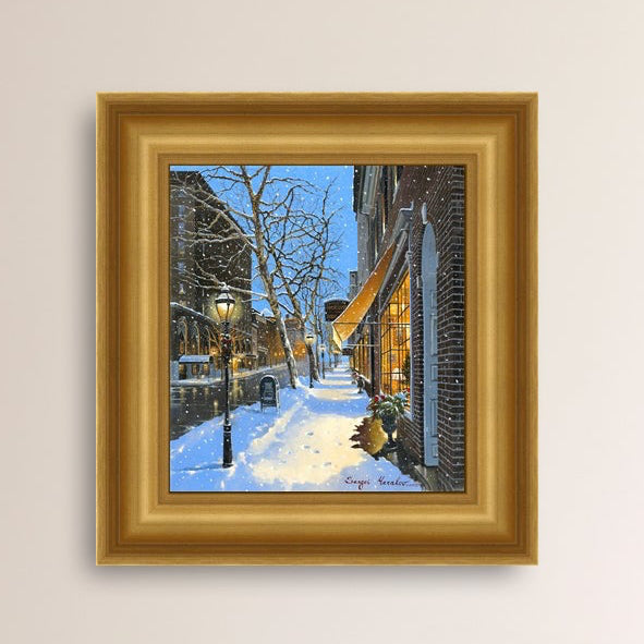 A canvas print of Moravian Bookshop, a snowy street scene in Bethlehem with footprints on the snow.