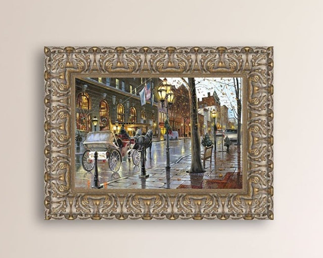 A canvas print depicting a Christmas scene with a horse-drawn carriage on a wet main street in Bethlehem with stores and Christmas lights in the background.
