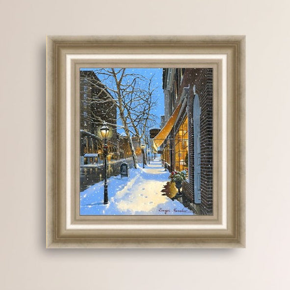 A canvas print of Moravian Bookshop, a snowy street scene in Bethlehem with footprints on the snow.