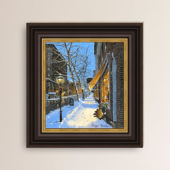 A canvas print of Moravian Bookshop, a snowy street scene in Bethlehem with footprints on the snow.