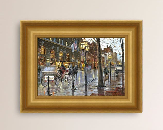 A canvas print depicting a Christmas scene with a horse-drawn carriage on a wet main street in Bethlehem with stores and Christmas lights in the background.