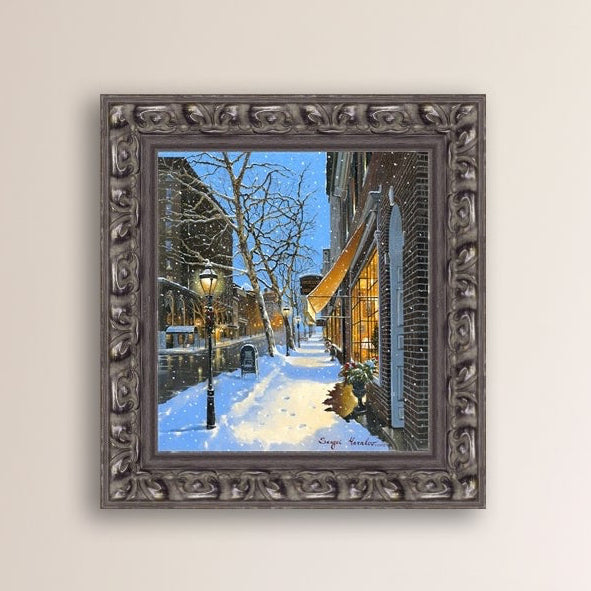 A canvas print of Moravian Bookshop, a snowy street scene in Bethlehem with footprints on the snow.