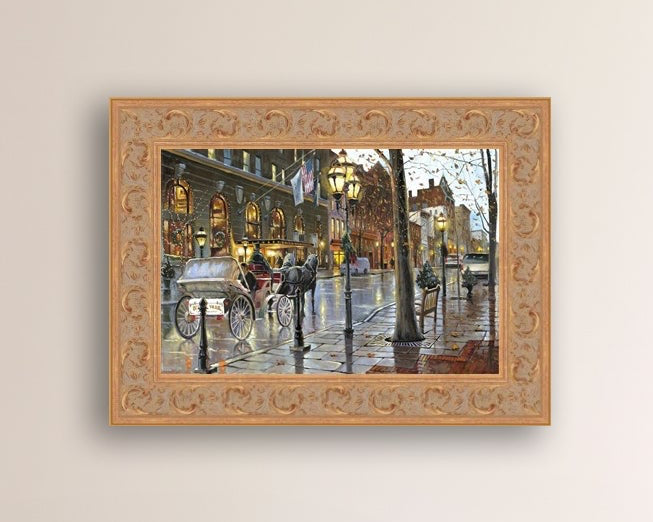 A canvas print depicting a Christmas scene with a horse-drawn carriage on a wet main street in Bethlehem with stores and Christmas lights in the background.