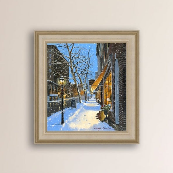 A canvas print of Moravian Bookshop, a snowy street scene in Bethlehem with footprints on the snow.