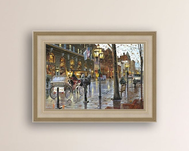 A canvas print depicting a Christmas scene with a horse-drawn carriage on a wet main street in Bethlehem with stores and Christmas lights in the background.