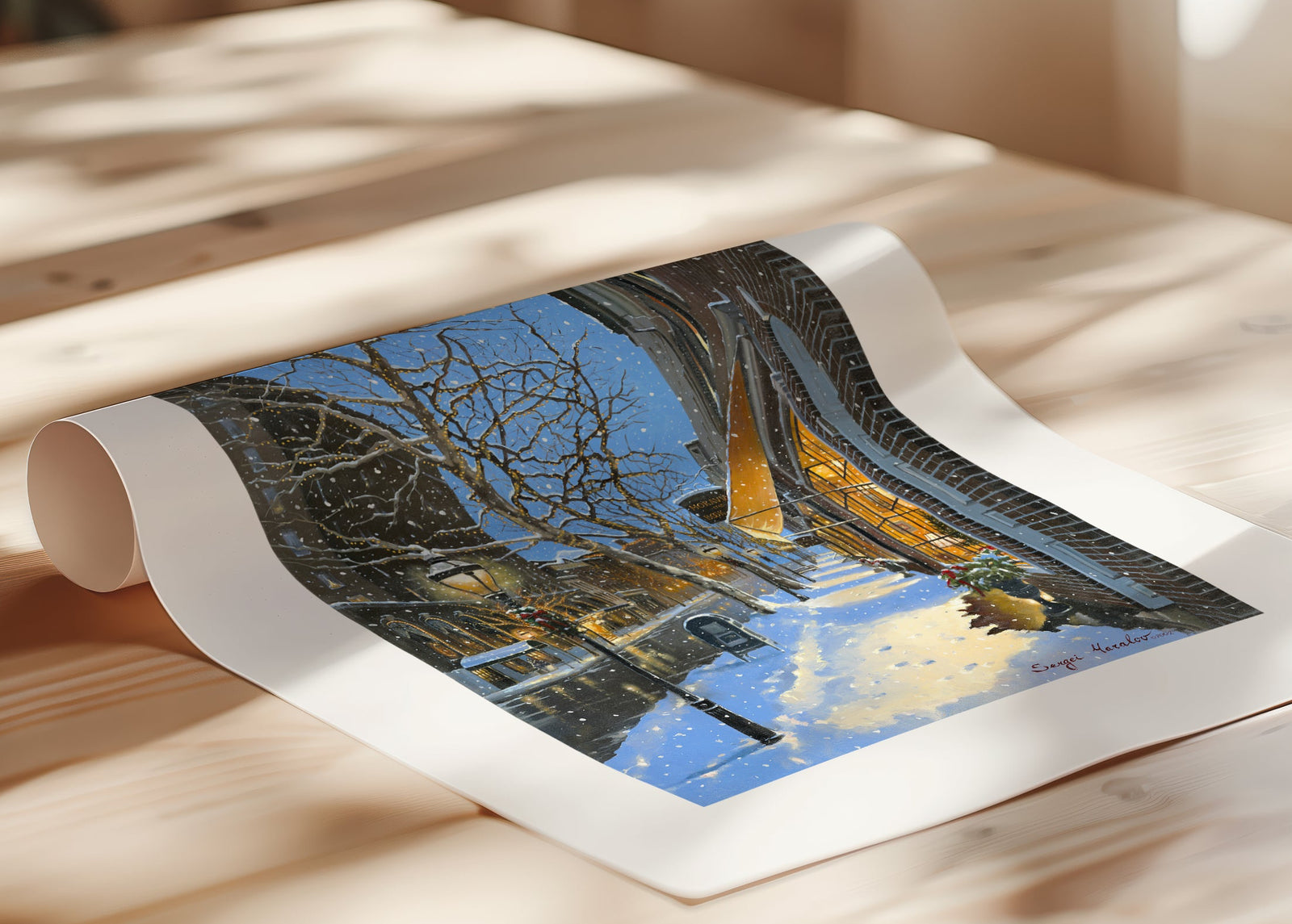 A canvas print of Moravian Bookshop, a snowy street scene in Bethlehem with footprints on the snow.