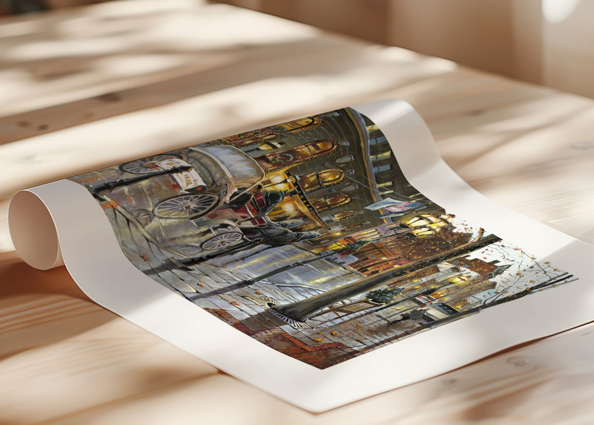 A canvas print depicting a Christmas scene with a horse-drawn carriage on a wet main street in Bethlehem with stores and Christmas lights in the background.