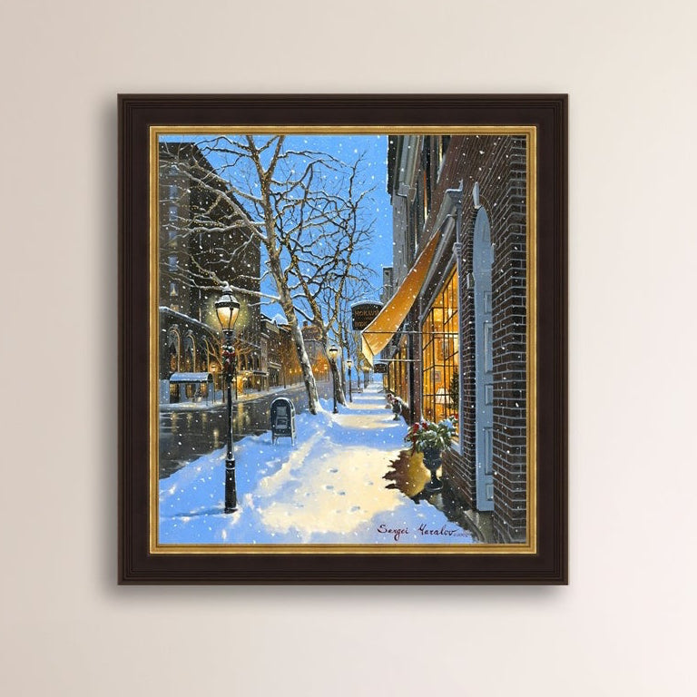 A canvas print of Moravian Bookshop, a snowy street scene in Bethlehem with footprints on the snow.