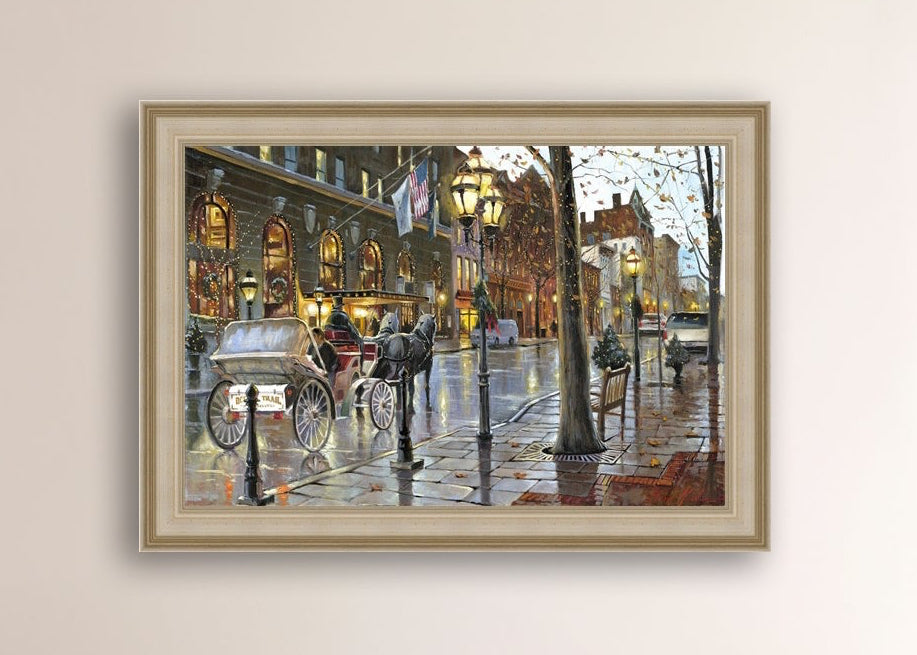 A canvas print depicting a Christmas scene with a horse-drawn carriage on a wet main street in Bethlehem with stores and Christmas lights in the background.