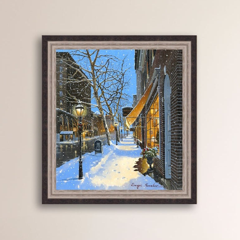 A canvas print of Moravian Bookshop, a snowy street scene in Bethlehem with footprints on the snow.