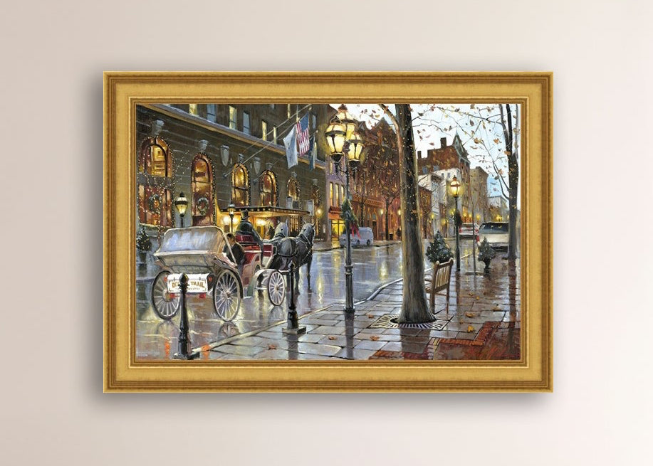 A canvas print depicting a Christmas scene with a horse-drawn carriage on a wet main street in Bethlehem with stores and Christmas lights in the background.