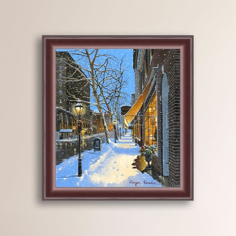 A canvas print of Moravian Bookshop, a snowy street scene in Bethlehem with footprints on the snow.