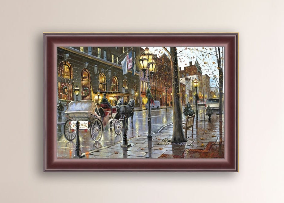 A canvas print depicting a Christmas scene with a horse-drawn carriage on a wet main street in Bethlehem with stores and Christmas lights in the background.