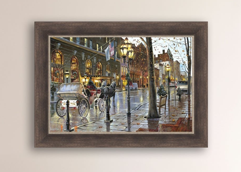 A canvas print depicting a Christmas scene with a horse-drawn carriage on a wet main street in Bethlehem with stores and Christmas lights in the background.