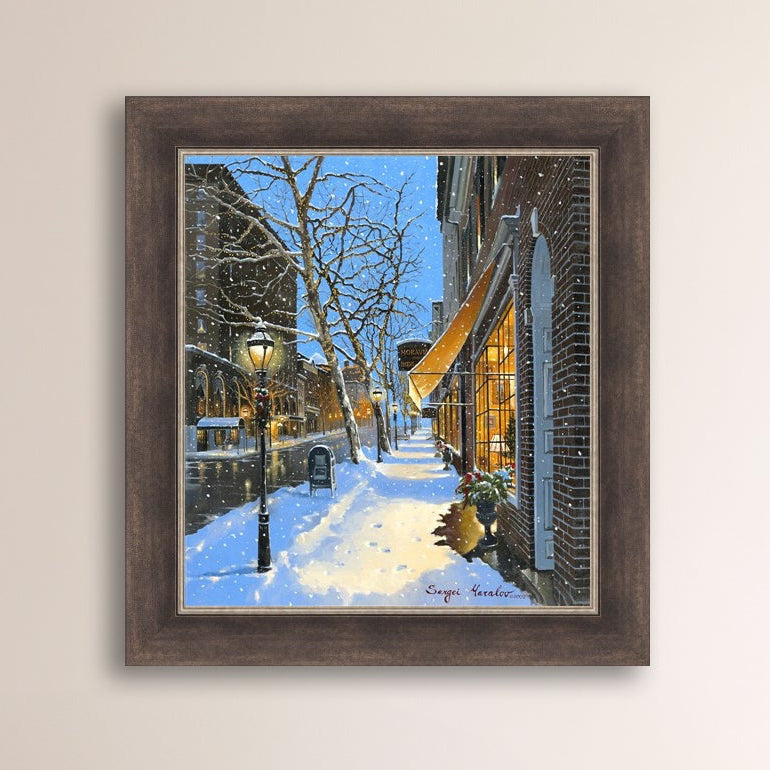 A canvas print of Moravian Bookshop, a snowy street scene in Bethlehem with footprints on the snow.