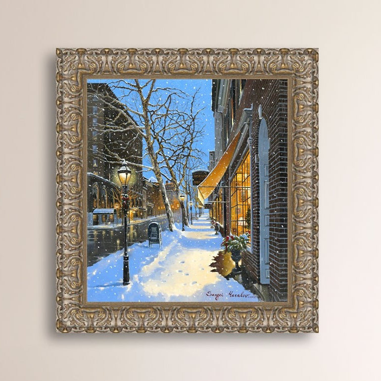 A canvas print of Moravian Bookshop, a snowy street scene in Bethlehem with footprints on the snow.
