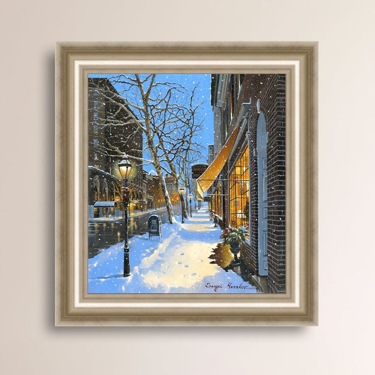 A canvas print of Moravian Bookshop, a snowy street scene in Bethlehem with footprints on the snow.