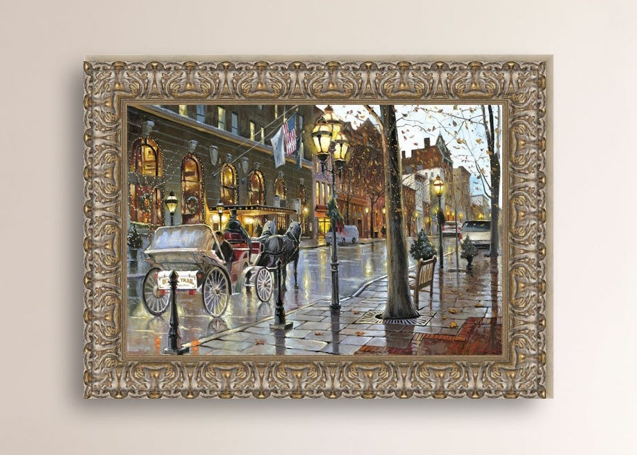 A canvas print depicting a Christmas scene with a horse-drawn carriage on a wet main street in Bethlehem with stores and Christmas lights in the background.